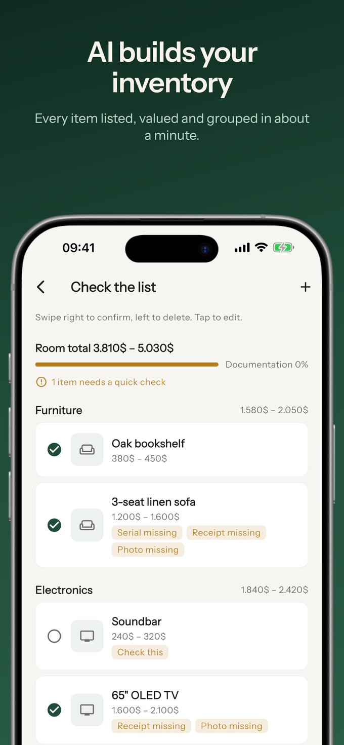 Prufiva poster: AI builds your inventory — every item listed, valued and grouped in about a minute